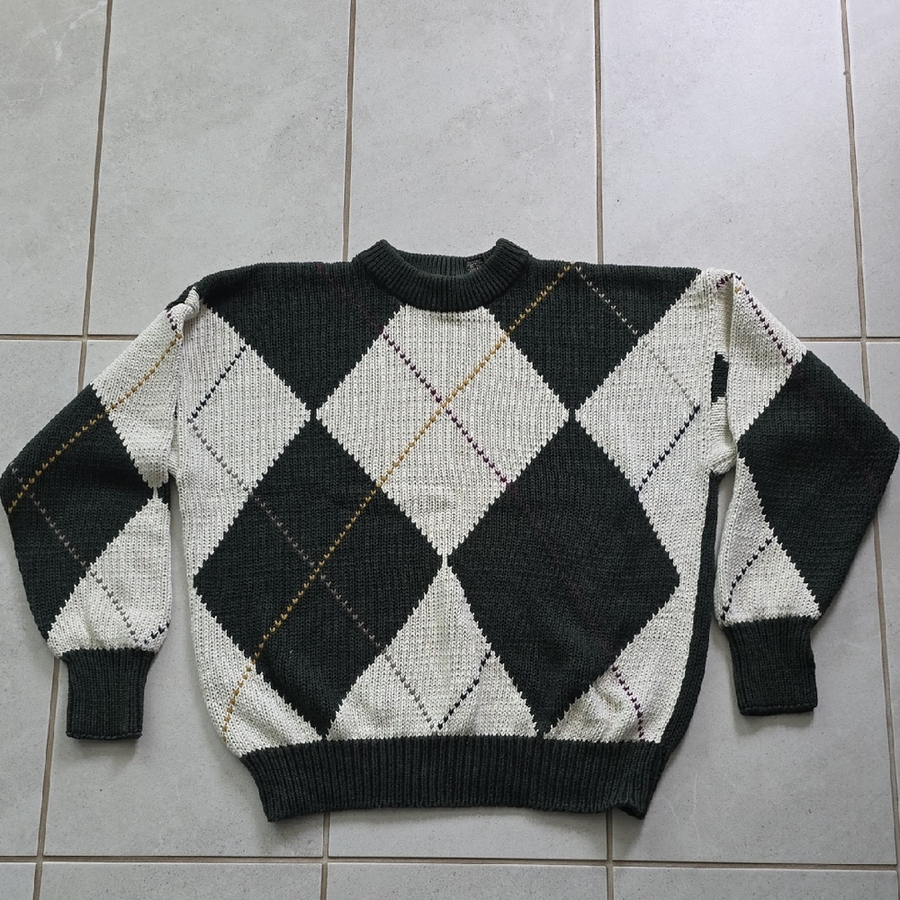 Structure Argyle Sweater Men’s XL Black Cream Vintage Style Crewneck